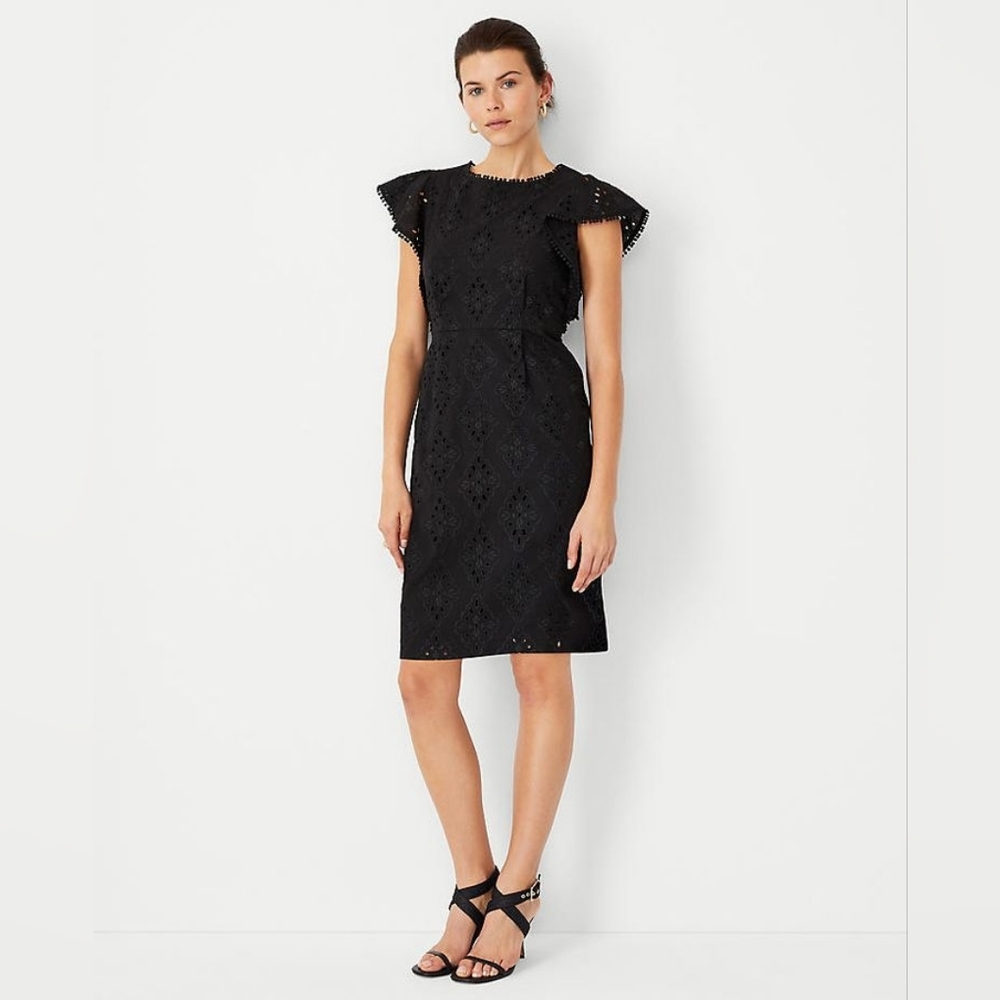 Ann Taylor Black Dress 100% Cotton Size 4 Short Sleeve Elegant Classic Cocktail
